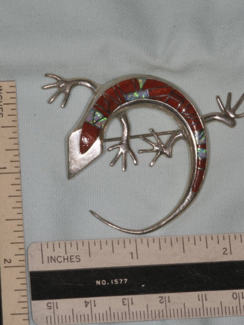 Vintage Sterling Silver Lizard Brooch Pin Pendant Red Coral Fire Opal Inlay